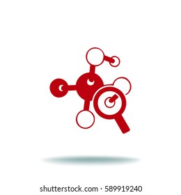 Magnifying glass and molecula. Flat icon. Vector illustration
