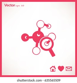 Magnifying glass and molecula. Flat icon. Vector illustration