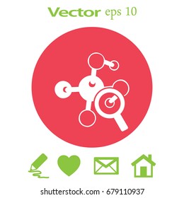 Vidrio y molécula de aumento. Icono plano. Ilustración del vector