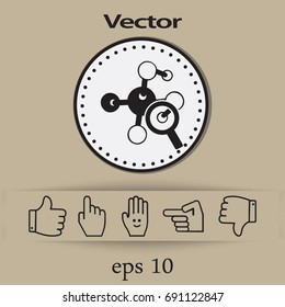 Magnifying glass and molecula. Flat icon. Vector illustration