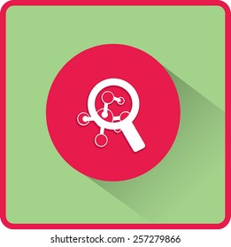 Vidrio y molécula de aumento. Icono plano. Ilustración del vector