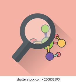Vidrio y molécula de aumento. Icono plano. Ilustración del vector