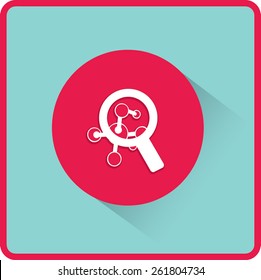 Vidrio y molécula de aumento. Icono plano. Ilustración del vector