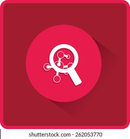 Vidrio y molécula de aumento. Icono plano. Ilustración del vector
