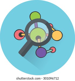 Magnifying glass and molecule. Flat icon. Vector illustration