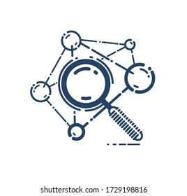 Magnifying glass and molecule vector simple linear icon, science chemistry and physics line art symbol, research biotechnology and biology.