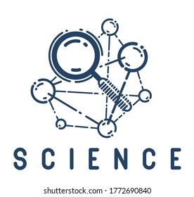 Magnifying glass and molecule vector simple linear icon, science chemistry and physics line art symbol, research biotechnology and biology.