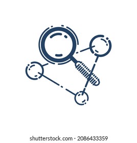 Magnifying glass and molecule vector simple linear icon, science chemistry and physics line art symbol, research biotechnology and biology.