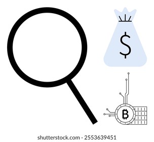 A magnifying glass, a money bag with a dollar sign, and a bitcoin symbol are together highlighting financial analysis. Ideal for finance, cryptocurrency, investment, blockchain, market research