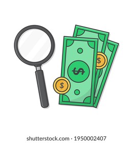 Magnifying Glass With Money Bills Vector Icon Illustration. Business Growth And Start Up Concept Flat Icon