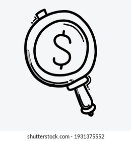 Magnifying glass and money vector icon. Drawing sketch illustration hand drawn line.