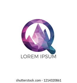 Magnifying glass and mountain logo design. Nature and magnifying symbol or icon. Unique hill and search logotype design template.