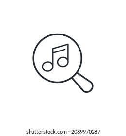Magnifying glass and music notes. Musical search. Vector linear icon isolated on white background.