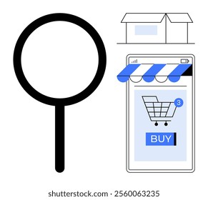 Magnifying glass near a mobile storefront featuring a shopping cart and buy button, adjacent to a warehouse. Ideal for e-commerce, online shopping, retail business, logistics, digital marketing