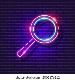 Magnifying glass neon sign. Magnifier glowing icon. Vector illustration for design. Science concept.