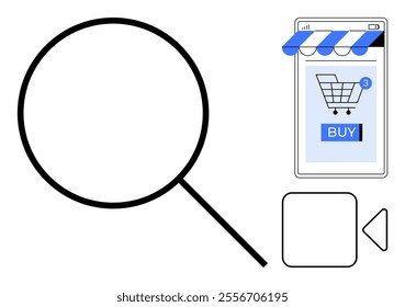 Magnifying glass next to smartphone with storefront banner and add to cart button. Ideal for online shopping, e-commerce, user experience, digital marketing, product search. Clean, simple, modern