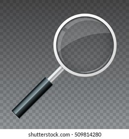 Magnifying glass object for zoom and tool with lens for magnifying. Realistic magnifying glass isolated on Transparent Background vector illustration.