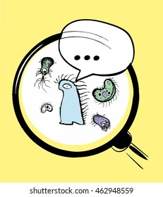 a magnifying glass for observation of microbes behavior. vector illustration