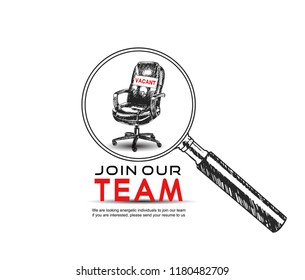 Magnifying Glass and office chair with sign vacant. Join our team design hand drawing style isolated on white background