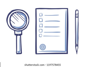 Magnifying glass, office paper icon and sharp pencil isolated vector. Document list with font signs, written scribble text on sheet, file with notes