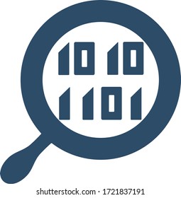 Magnifying glass on binary code. Binary data search icon. Decoding sign.