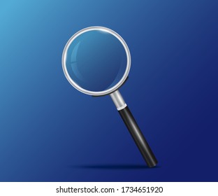 Magnifying glass on a blue background. Made in 3D realistic style. Suitable for use as a supplement to your vector image. Neatly hand-drawn object. Realistic Highlights and Shadows