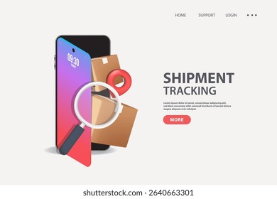 Magnifying glass on cardboard boxes; logistics, inventory, inspection concept.