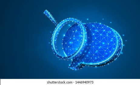 Magnifying glass on Chat bubble. Communication analysis, Dialogue cloud concept. Abstract, digital, wireframe, low poly mesh, Polygonal Vector blue neon 3d illustration. Triangle line dot star
