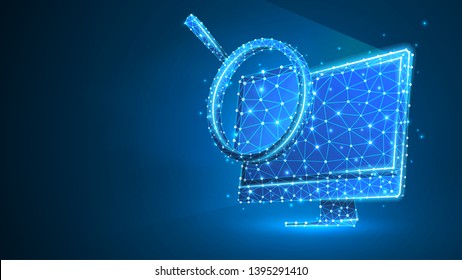 Magnifying glass on computer monitor. Internet surfing, Analysis, Search symbol. Abstract digital wireframe, low poly mesh, polygonal vector blue neon 3d illustration. Triangle, line, dot