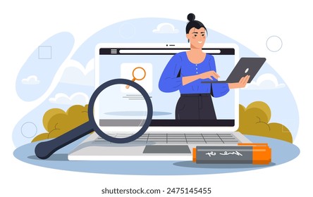 Magnifying glass on computer. Woman looking for information on Internet. Young girl with laptop in her hand. Online user looking for guides and answers. Cartoon flat vector illustration