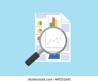 magnifying glass on a data paper vector flat illustration 