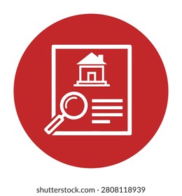 Magnifying glass on document with building icon, symbolizing search and investigation concept