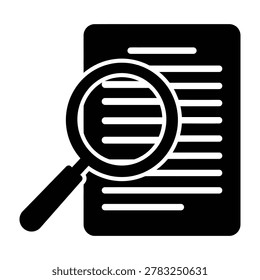 A magnifying glass on a document with lines, symbolizing search, investigation, and analysis.