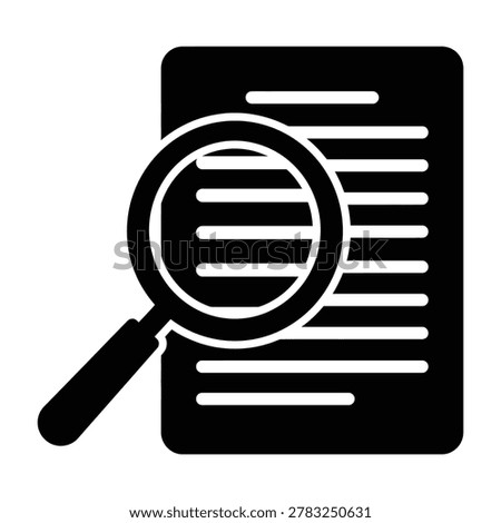 A magnifying glass on a document with lines, symbolizing search, investigation, and analysis.