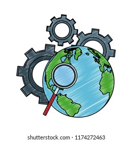 Magnifying glass on earth and gears scribble