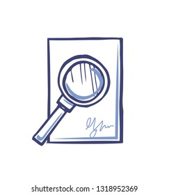 Magnifying glass on empty sheet of paper with signature isolated. Office page with scribble in right corner. Line art sign of document, signed contract vector
