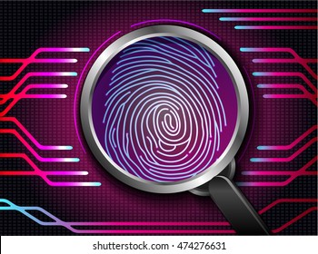 Magnifying glass on fingerprint with concept red abstract technology background .Vector illustration