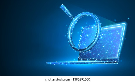 Magnifying glass on laptop screen. Business, Internet surfing, Analysis, Search symbol. Abstract digital wireframe, low poly mesh, polygonal vector blue neon 3d illustration. Triangle, line, dot