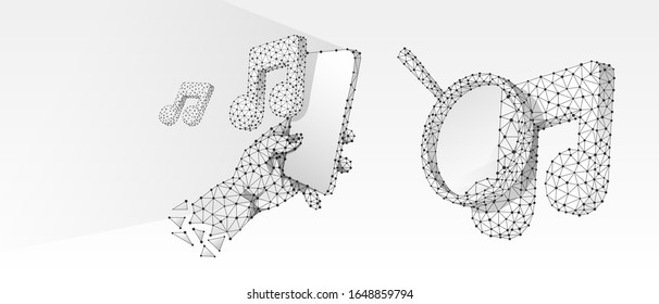 Magnifying glass on a music note, Smartphone in a hand. Sound analysis concept, smartphone player. Low poly, wireframe 3d vector illustration. Abstract polygonal image on white origami background