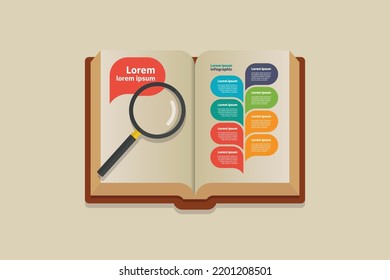 Books with magnify glass, Book search illustration, article finder vector,  library research, Stack of books. Vector Stock Vector