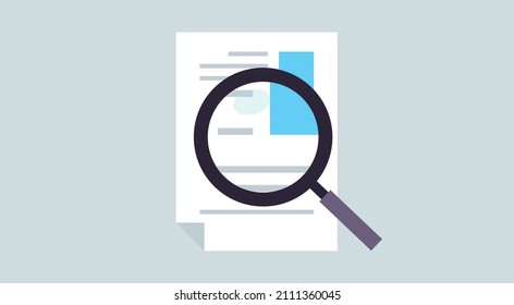 Magnifying glass on paper document and quality control symbol flat vector illustration.