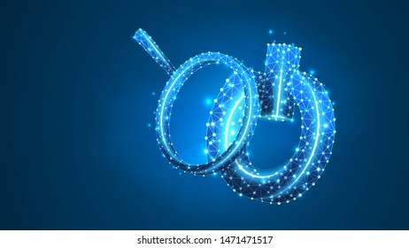 Magnifying glass on a Power button. Energy analysis, electric technology analytics concept. Abstract, digital, wireframe, low poly mesh, vector blue neon 3d illustration. Triangle, line, dot, star