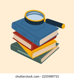 Magnifying glass on a stack of books. Education, reading, knowledge and search concept. Hand drawn vector illustration isolated on light background, flat cartoon style.