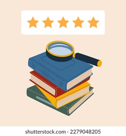 Magnifying glass on a stack of books and five stars feedback reading. Hand drawn vector illustration isolated on light background, flat cartoon style.