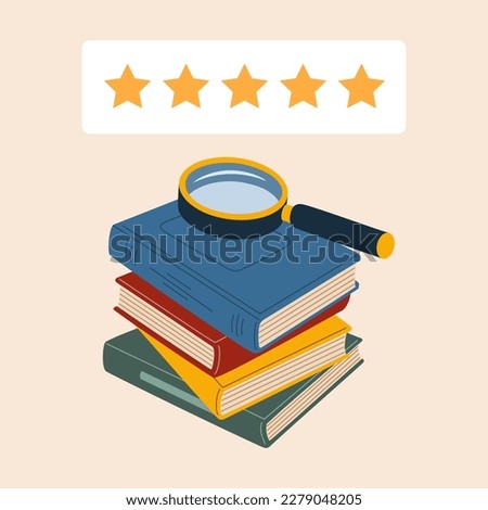 Magnifying glass on a stack of books and five stars feedback reading. Hand drawn vector illustration isolated on light background, flat cartoon style.