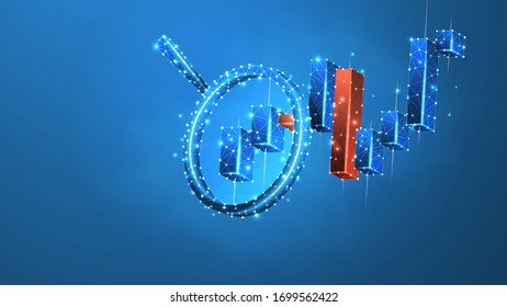 Magnifying glass on the Stock market chart. Growing financial index analysis. Low poly, wireframe 3d vector illustration. Abstract polygonal image on blue neon background