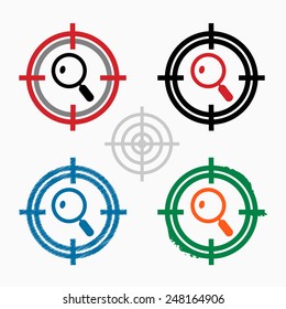Magnifying glass on target icons background. Crosshair icon. Vector illustration.