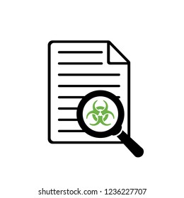 Magnifying glass on text file with biohazard symbol, vector illustration