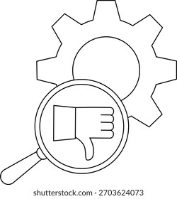 Magnifying glass on a thumbs down symbol overlaid on a gear
