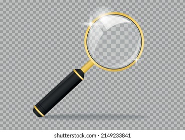 Magnifying glass on transparent background. Inventory for search and analysis, scientific research and forensic work. Analysis department and work with information. Realistic vector illustration